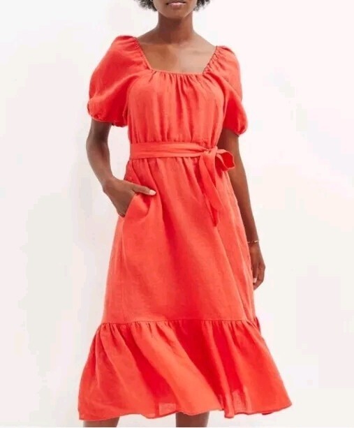 Amour Vert Michelle Red Linen midi dress puff sleeve ruffle hem size S