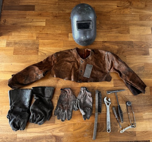 WELDERS LEATHER OUTFIT HELMET GLOVES JACKET TOOLS LOT - Picture 2 of 12