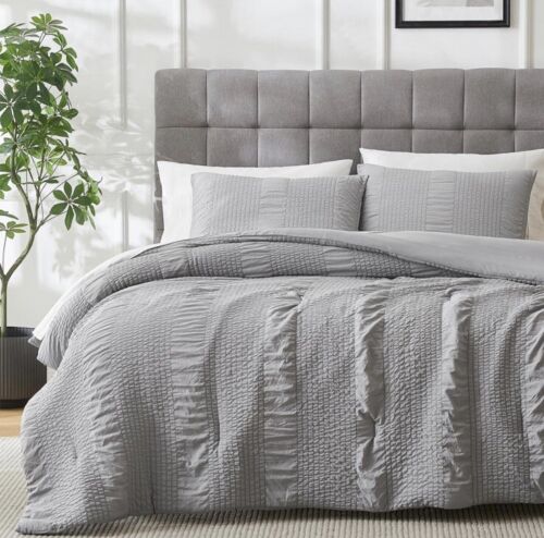 🔥Queen Comforter Set - 3 Pieces Seersucker Bedding Comforter Set Dark Grey🔥 - Picture 1 of 6