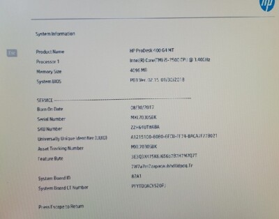 HP ProDesk 400 G4 MT Intel Core i5-7500 3.40GHz 4GB RAM DVD-RW