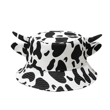 Cow Print Bucket Hat with Cute Horn Ears Cow Print Summer Beach Sun Hat Fisherma