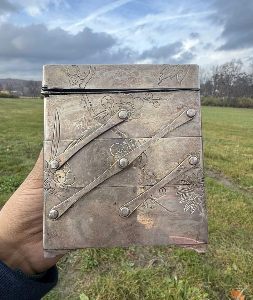 Caixa de joias antiga japonesa do período Meiji (1868–1912) prata esterlina 3 camadas - Imagem 2 de 4