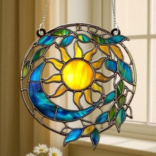 Sun and Moon Suncatcher, Faux Stained Glass Window Hanging, Celestial Decor, Med