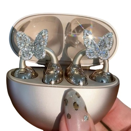 Butterfly Rhinestones Clip on Earbuds Open Ear, Removable Ear Accessories Decor - Picture 3 of 9