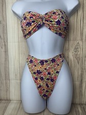 VTG Raisins Floral Bikini Large 9-11 Made In USA 90s Bandeau High Cut Strapless