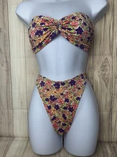 VTG Raisins Floral Bikini Large 9-11 Made In USA 90s Bandeau High Cut Strapless