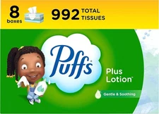 Puffs Plus Lotion Facial Tissues,8 Family Boxes,124 Tissues per Box Allergy&cold