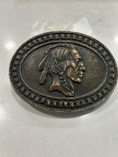 Vintage 1970s Solid Brass Western Belt Buckle Native American Head Indian Design