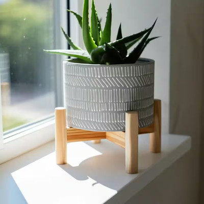 Ivory 6 In. Ceramic Tribal Planter with Wood Stand