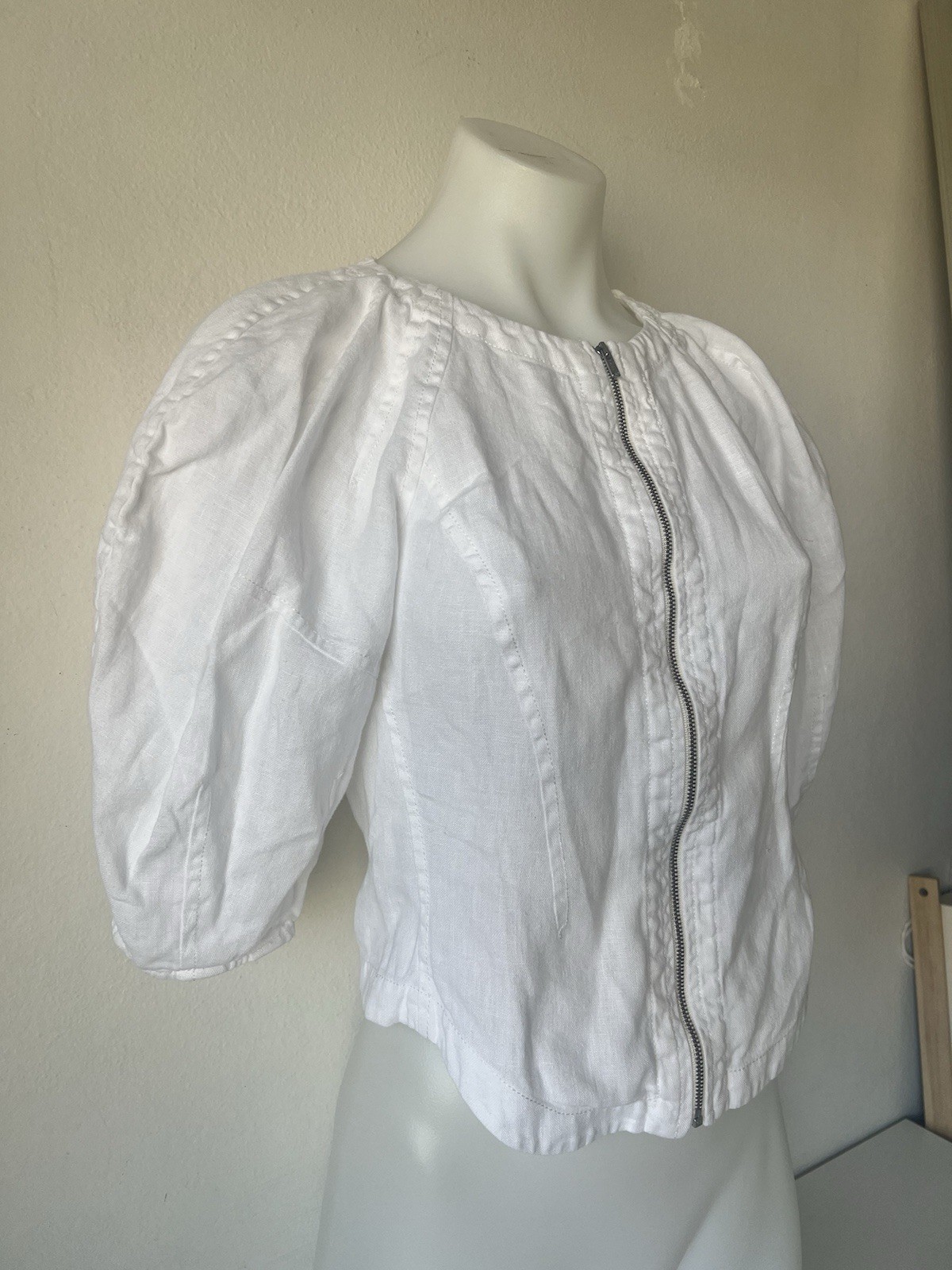 Oroton Top Women 6 White 100percent Linen Puff Sleeve Front Zip Blouse RRP $349 image 3