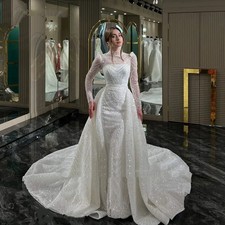 Sparkling High Neck Mermaid Wedding Dress Pearl Embroidery Detachable Train 