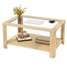 2-Tier Coffee Table w/ Tempered Glass Tabletop Storage Shelf Rounded Corners