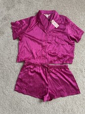 Juicy Couture Satin Pajama Set Pink L Short Sleeve Button-Up Top Shorts