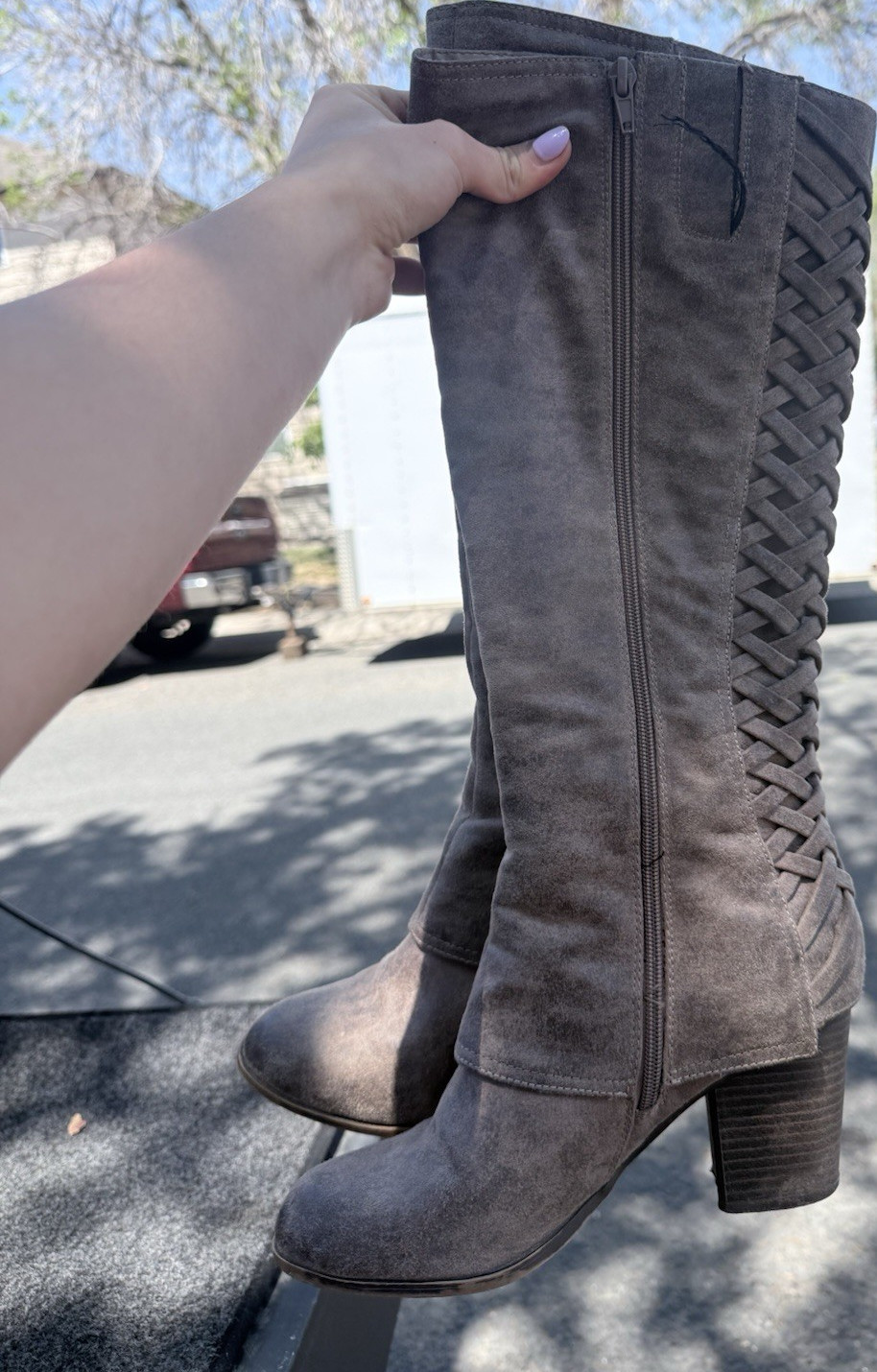 Fergalicious by Fergie Tootsie Beige Knee High Fabric Zip Boots Womens 7.5