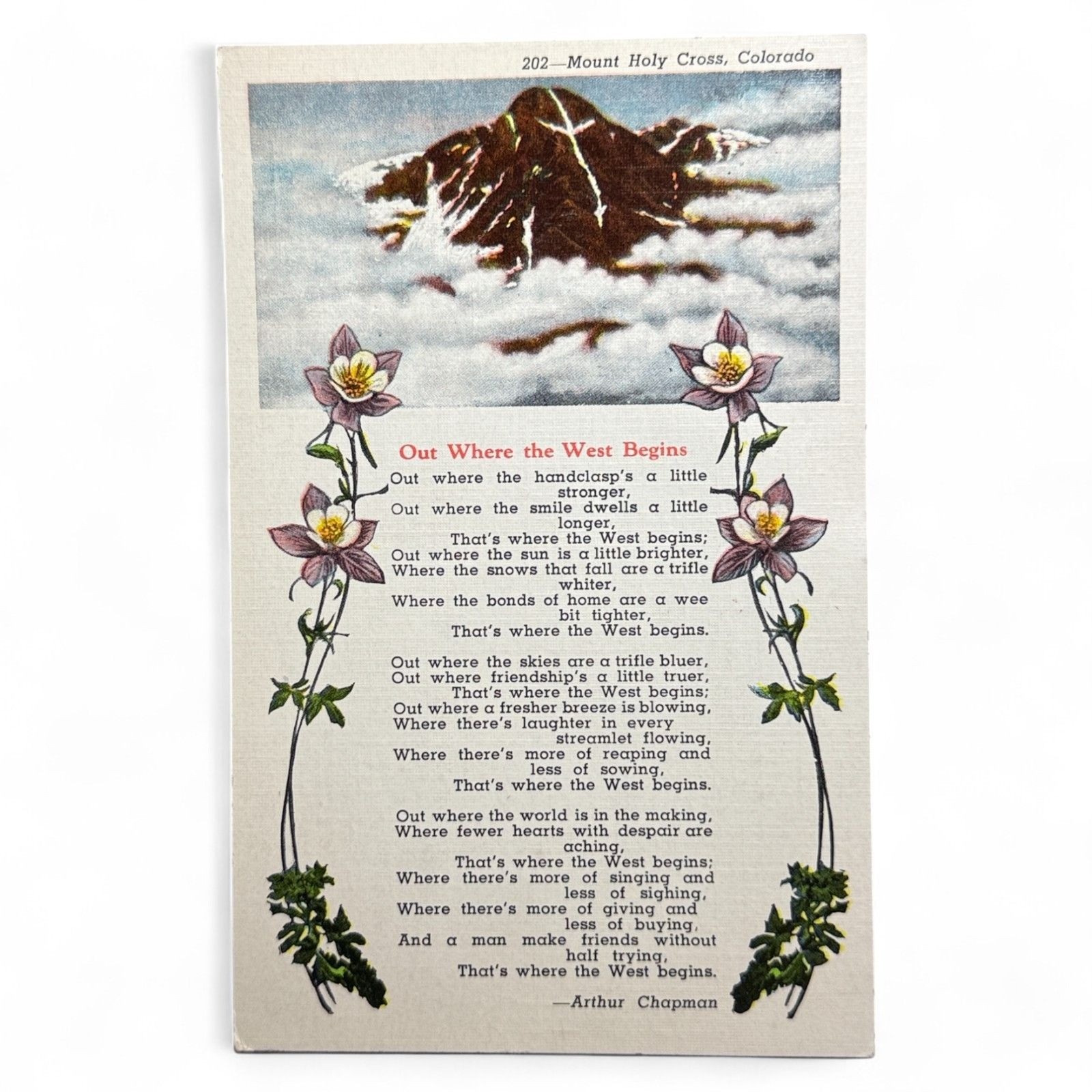 Vintage Postcard Out Where The West Begins Poem By Arthur Chapman 202 Mount Holy