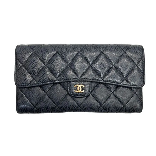 CHANEL Matelassé Black Caviar Skin Classic Long Flap Wallet AP0241 Pre-owned