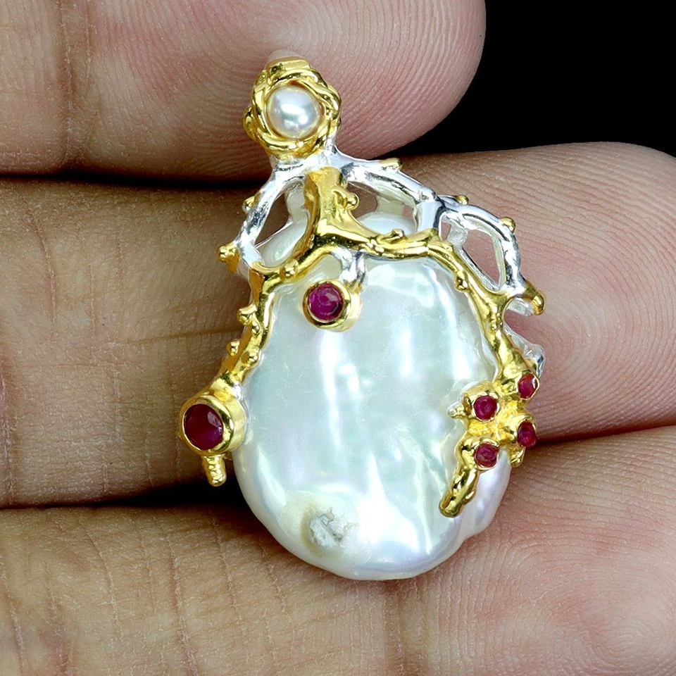 925 Sterling Silver Pendant Round Ruby Myanmar Pearl Natural Gemstone Jewelry - Image 2 of 4