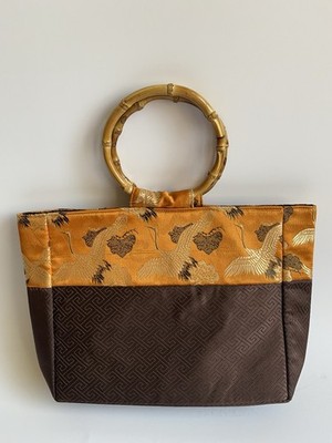 Vintage Wei East Shanghai Purse Brown & Gold Brocade Bamboo Round Wood Handles