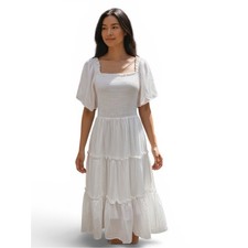 Lillusori White Smocked Tiered Midi Dress size Medium NWT