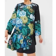 Tuckernuck Black Bouquet Floral Long Sleeve Ruffle Hem Mini Drop Waist Dress M
