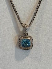 David Yurman Silver Petite Albion Blue Topaz and Diamond necklace Pendent
