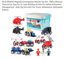 PLAY BRAINY Magnetic Emergency Vehicle Toy Set - 59Pcs Rescue Team & Car Toys...