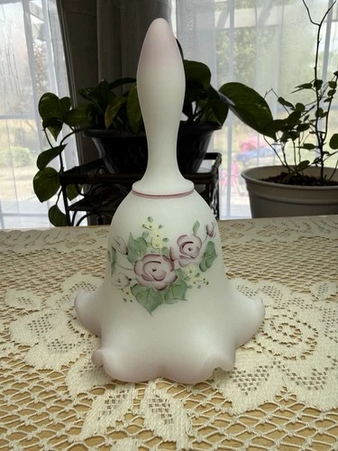 Vintage Fenton Burmese Satin Glass Bell Hand Painted Floral, Signed & Dated 1999