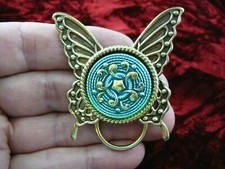  E544 Blue green Czech Eyeglass BRASS butterfly pin pendant ID badge holder
