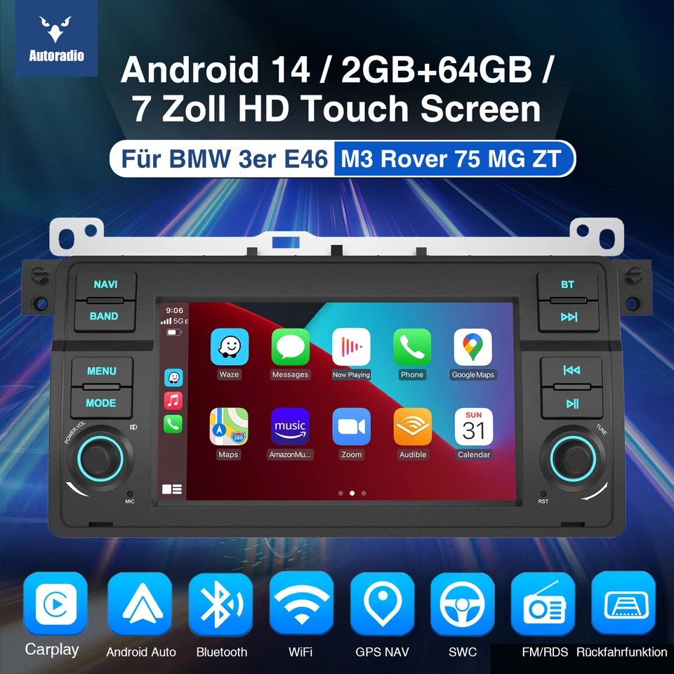 Android 14 64G Apple CarPlay Autoradio GPS NAV Cam Für MW 3er E46 318 320 325 M3 - Bild 2 von 4