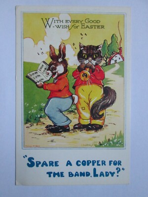 Ersatz ein Kupfer für das Band. Dame? Musikalische Katze & Hase Vintage Postkarte P8