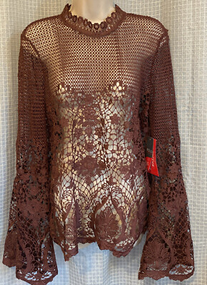 NWT BOLD ELEMENTS (CURVE) BROWN OPEN CROCHET TOP, LARGE, AMAZING LOOK!   hng
