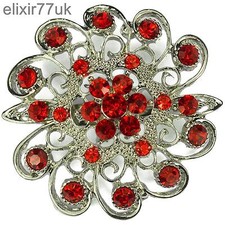 NEW 2" SILVER FLOWER PIN BROOCH RED RHINESTONE DIAMANTE CRYSTAL WEDDING PARTY UK