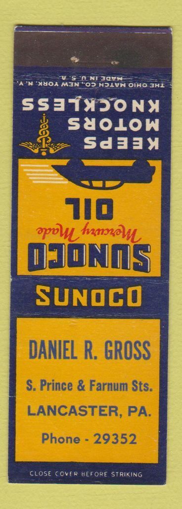 Matchbook Cover - Daniel Gross Sunoco oil gas Lancaster PA