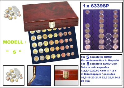 SAFE-5793-S-Wurzelholz-Münzkassette-5x-EURO-Kursmünzensätze-in-Münzkapseln 