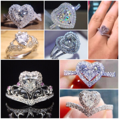 Women Jewelry Heart Cubic Zircon Ring Adorable 925 Silver Filled Jewelry Sz 6-10