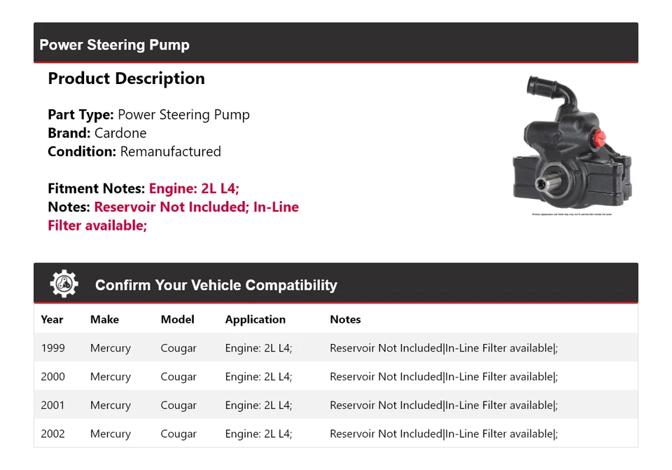 Bomba de dirección asistida Cardone 2000 2001 para Mercury Cougar 1999-2002 2L L4 Foto 2 de 4