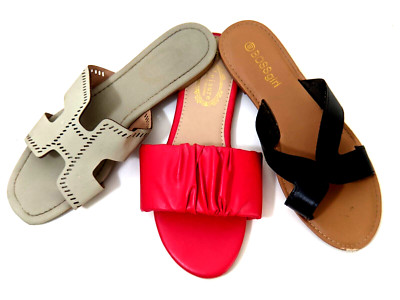 3 Pairs Boss Girl Women's Flat Slide Sandals Red Black Grey Faux Leather Size 40
