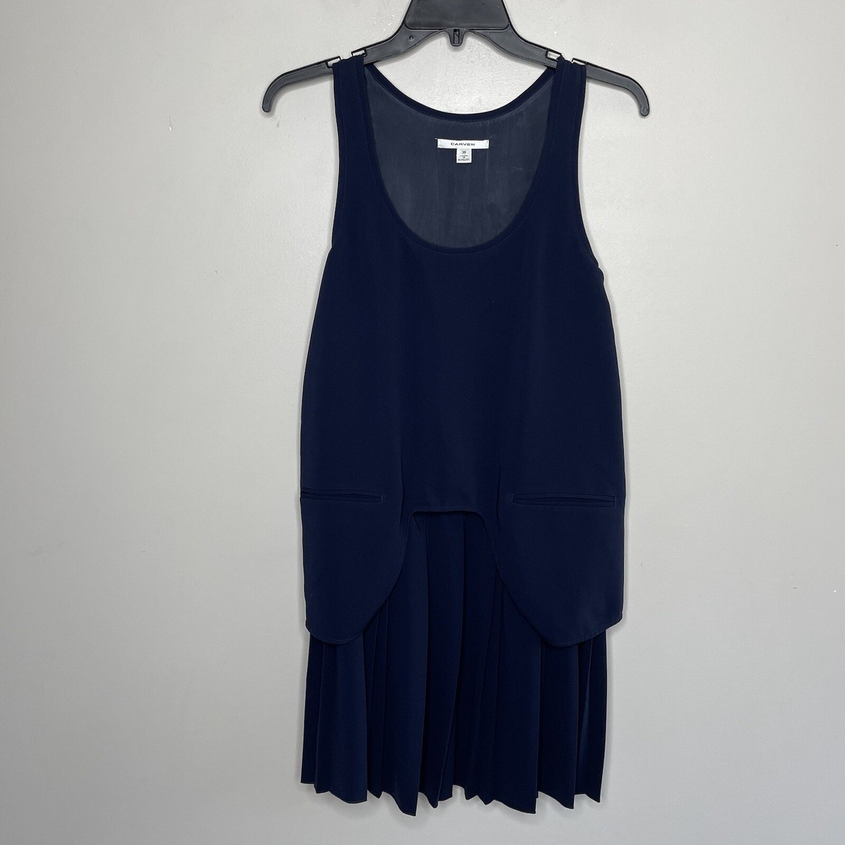 CARVEN Dress Women 36 US 4 Sleeveless Mini Pleated Scoop-Neck Navy Blue