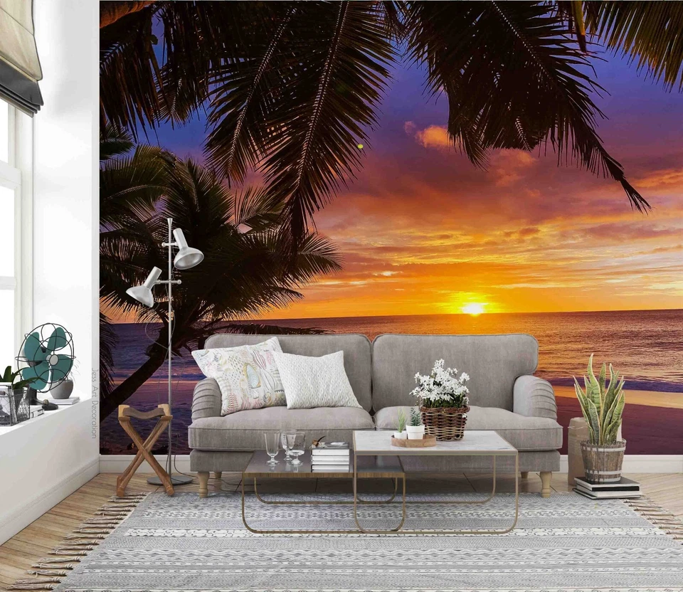 Murales de pared 3D Sunset Sky Sea coco árbol papel tapiz murales pegatina de pared Foto 3 de 4