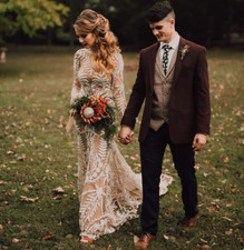 High Slit Beach V Neck Wedding Dress Long Sleeves Illusion Boho Elopement