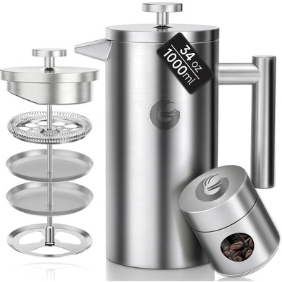 French Press Kaffeemaschine 1L Edelstahl Cold Brew Teekanne Trinkflasche