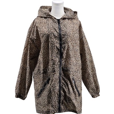 ShedRain Jacket Womens M/L Brown Animal Print Rain Coat Hooded Pockets Full Zip