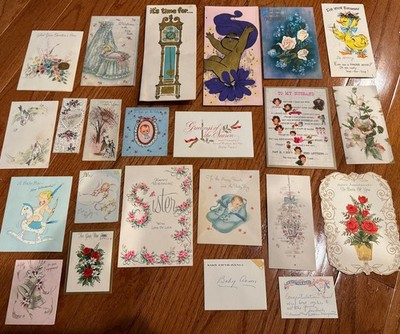 Lot of 21 Vintage 1950s Greeting Cards Wedding Baby Bday Cards Used for Crafts