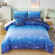 6Pcs Gradient Aqua Blue Navy Ombre Comforter Sets with Sheets Pillowcases, Qu...