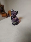 Fenton Purple Glass Cat Figurine Hand Painted Flowers You Are Special Sign 3.5”