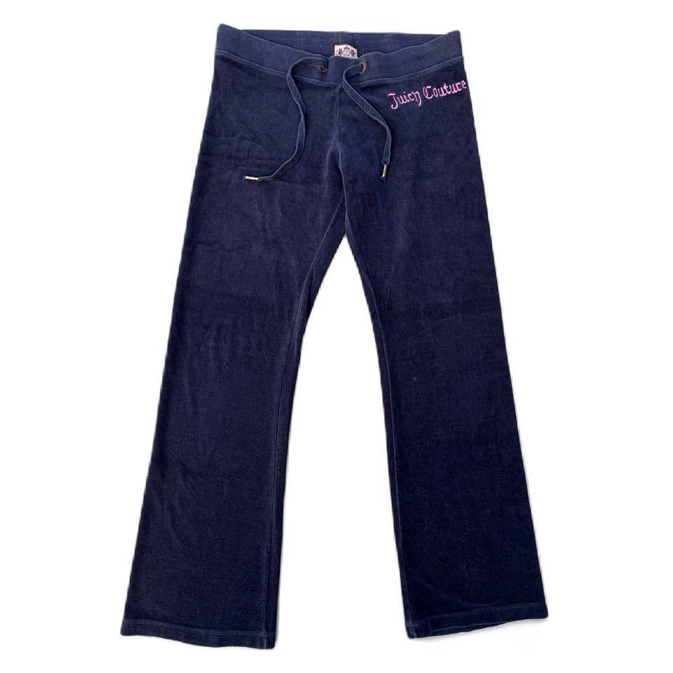 Vintage Y2K Juicy Couture Navy Blue Pink Embroidered Velour Track Sweatpants