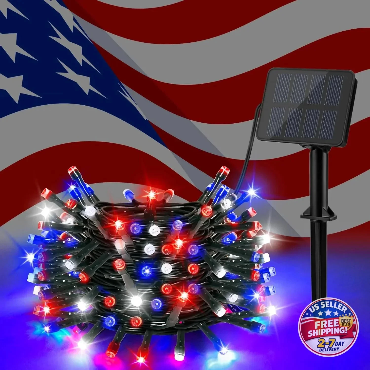 Red White Blue Solar String Lights 120LED 4th July Waterproof Patio Garden Decor