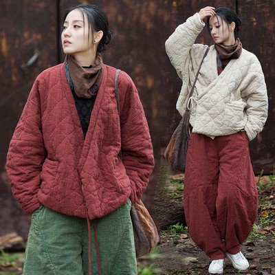 Womens Retro Quilted Cotton Linen Warm Coat Parka Winter Loose Casual Outwear