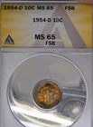 1954-D Roosevelt Silver Dime ANACS MS65 FSB Wild Rainbow Toning!!!