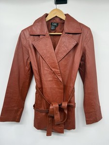 Vtg 90s Cami International Cognac Leather Belted Jacket Womens Crop Trench SZ M